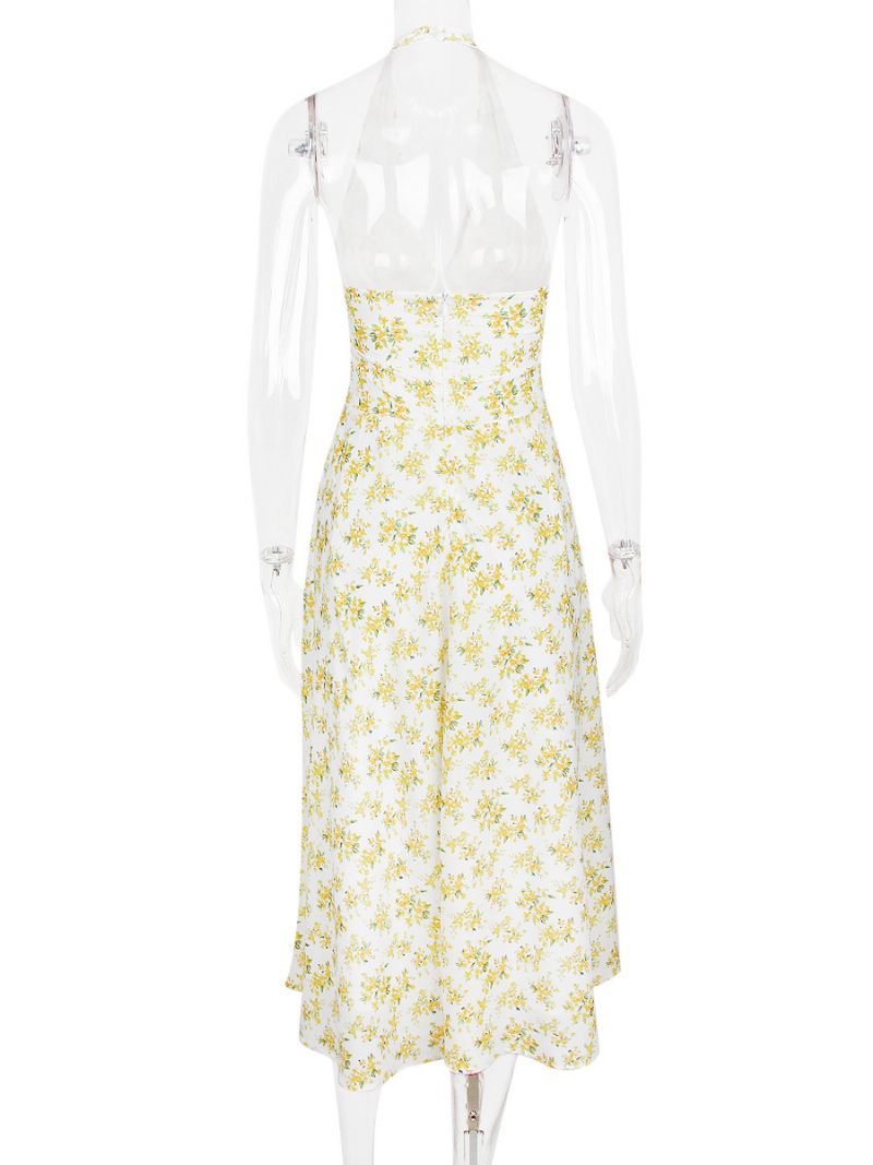 Robe Mi-longue À Fleurs Pour Femmes Imprimé Floral Sans Manches Col V Chic Dos Nu Couture Ouverte Longue Été - Jaune