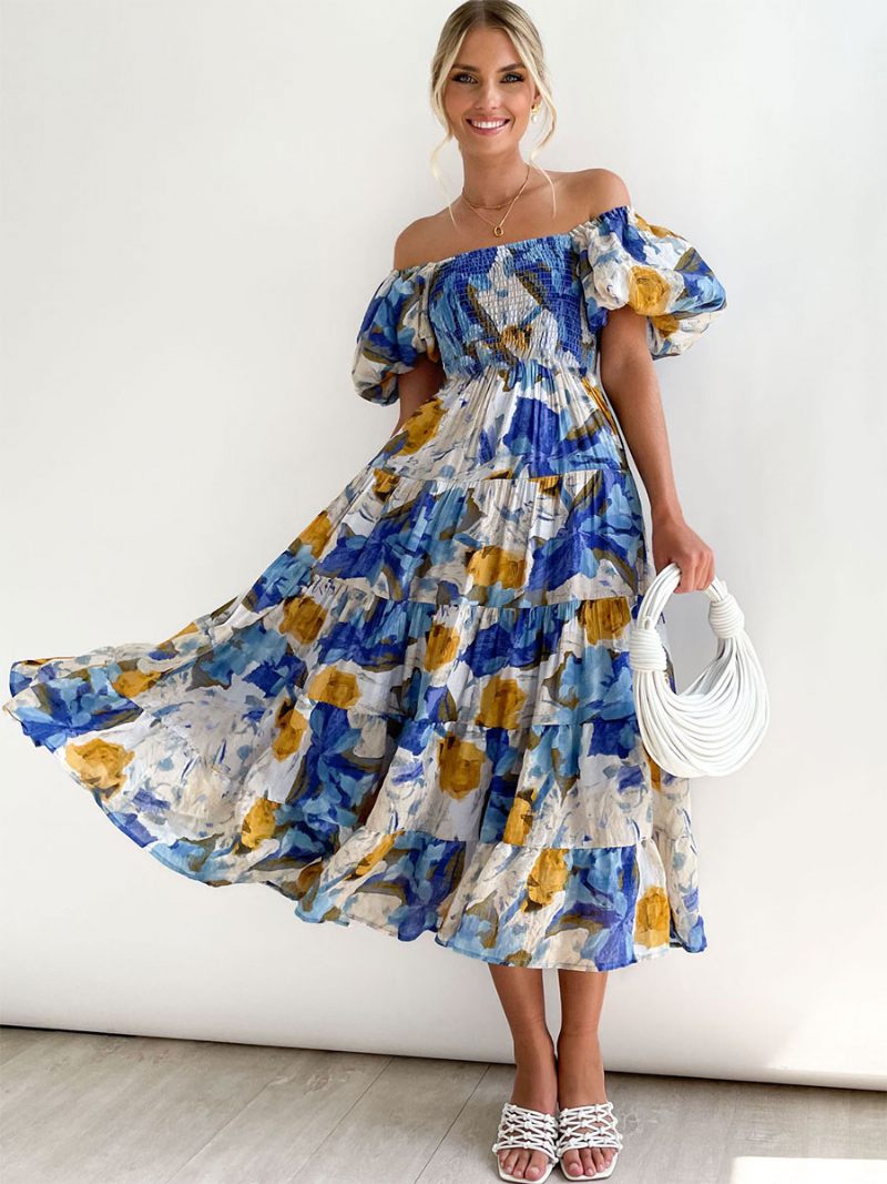 Robe Mi-longue Imprimée Florale Pour Femmes Superposée Plissée Col Carré Manches Courtes Dos Nu D'été Bohème - Bleu Royal