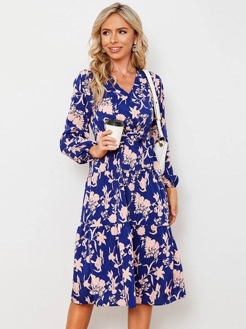 Robe Midi Décontractée À Imprimé Floral Pour Femmes Col V Manches Longues