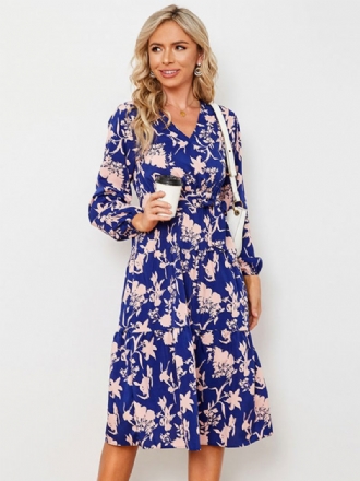 Robe Midi Décontractée À Imprimé Floral Pour Femmes Col V Manches Longues