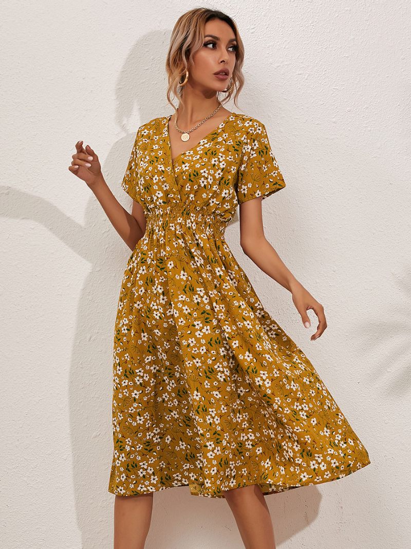 Robe Midi Femme Col V Manches Courtes Imprimé Floral Chic D'été