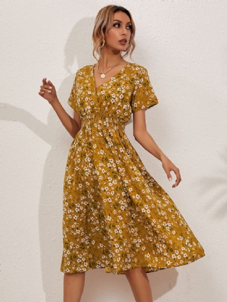 Robe Midi Femme Col V Manches Courtes Imprimé Floral Chic D'été