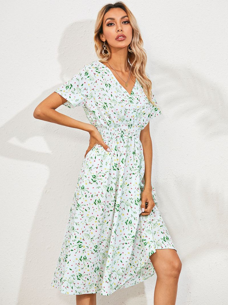 Robe Midi Femme Col V Manches Courtes Imprimé Floral Chic D'été - Vert Clair