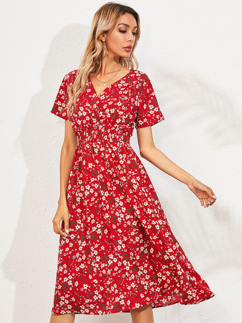 Robe Midi Femme Col V Manches Courtes Imprimé Floral Chic D'été - Rouge