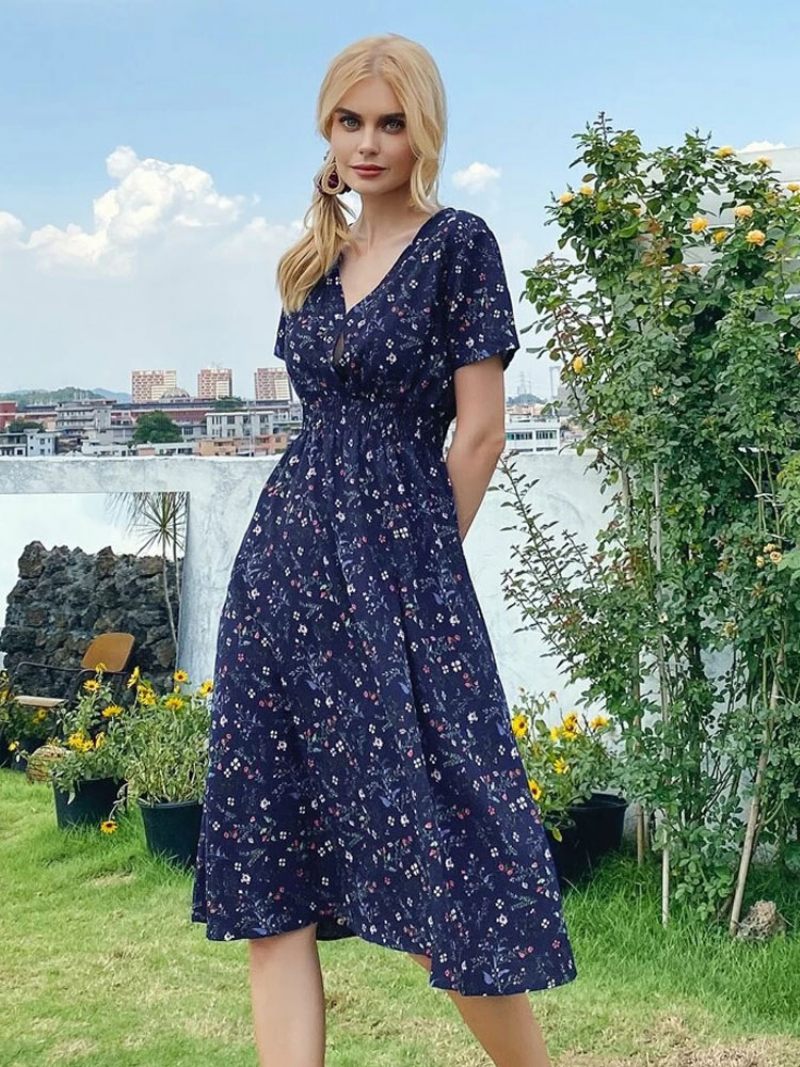 Robe Midi Femme Col V Manches Courtes Imprimé Floral Chic D'été - Bleu Foncé