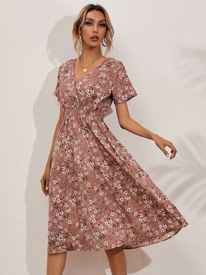 Robe Midi Femme Col V Manches Courtes Imprimé Floral Chic D'été - Rose