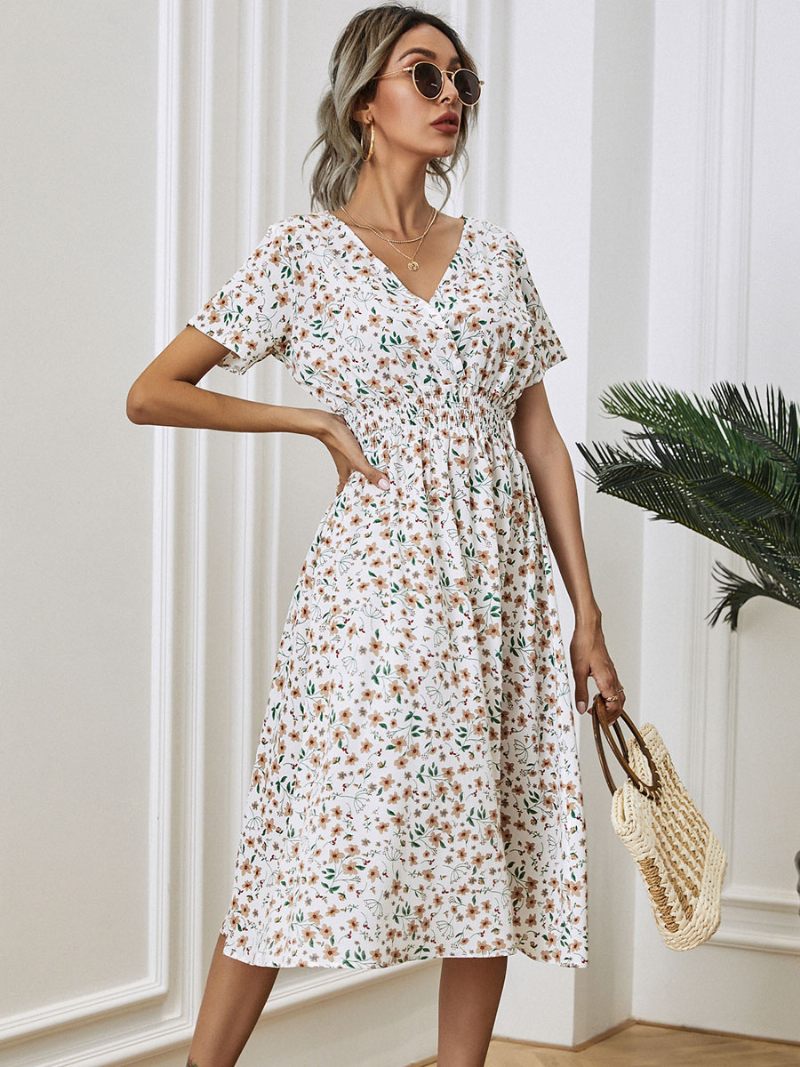 Robe Midi Femme Col V Manches Courtes Imprimé Floral Chic D'été - Blanc