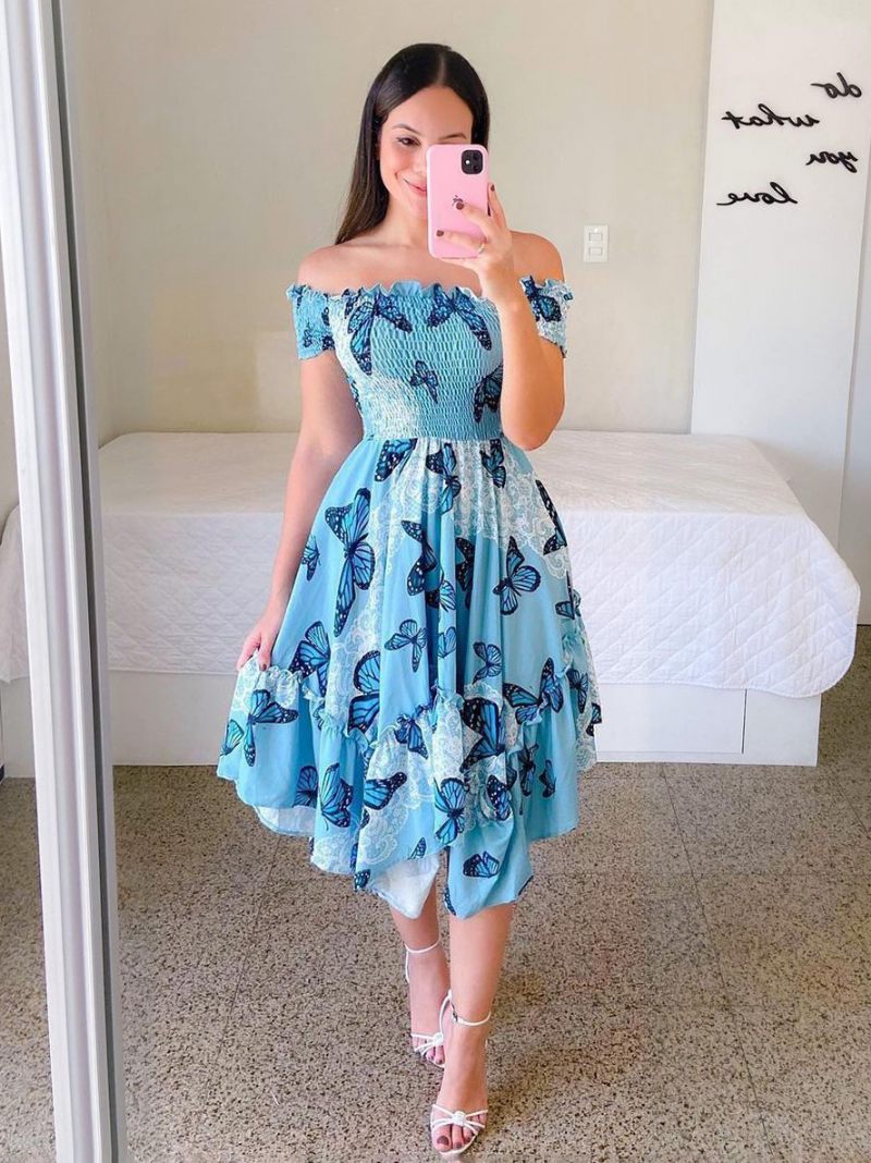 Robe Mouchoir Smockée Florale Pour Femmes Épaules Dénudées Robes Mi-longues D'été - Bleu Ciel Clair