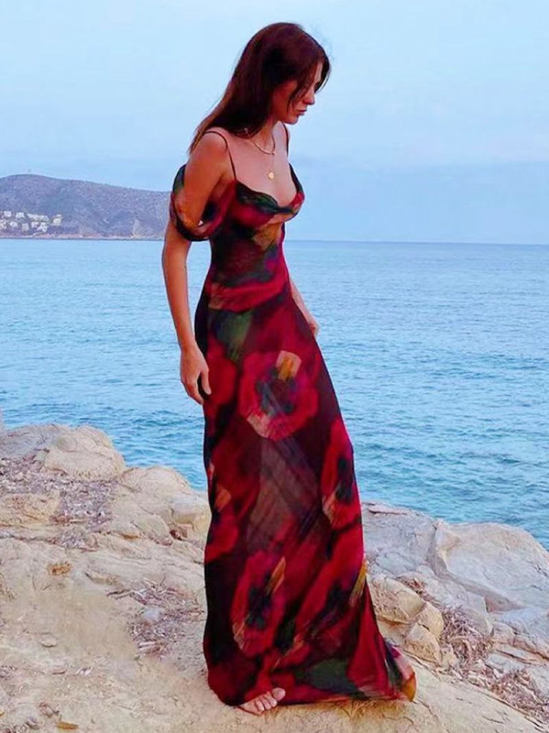 Robe Peinte Pour Femmes Épaules Dénudées Bretelles Spaghetti Inspirée L'art Robes Longues D'été - Rouge