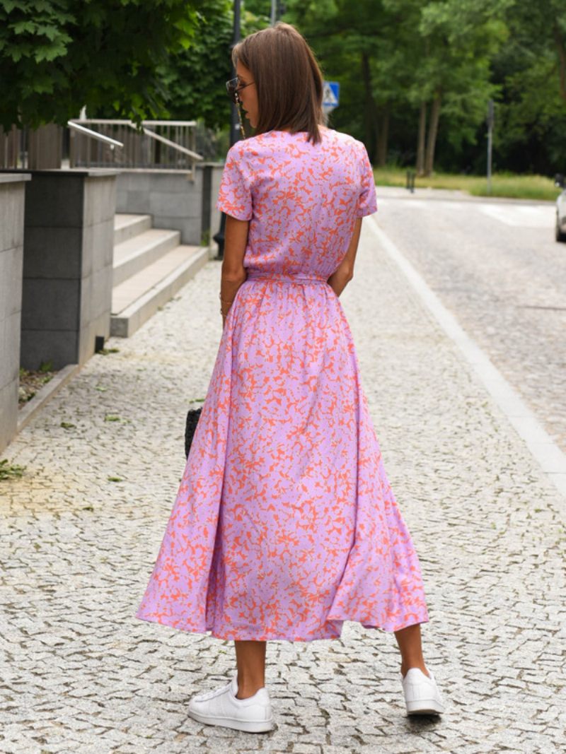 Robe Portefeuille Imprimée Pour Femmes Col V Manches Courtes Ceinture Robes Mi-longues Décontractées D'été - Rose