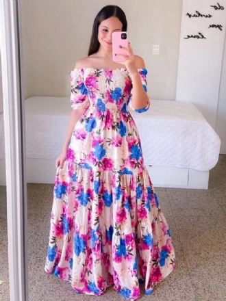 Robe Smockée Florale Pour Femmes Épaules Dénudées Robes D'été Décontractées À Plusieurs Niveaux