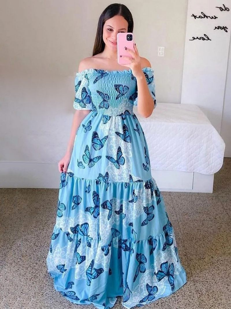 Robe Smockée Florale Pour Femmes Épaules Dénudées Robes D'été Décontractées À Plusieurs Niveaux - Bleu Ciel Clair