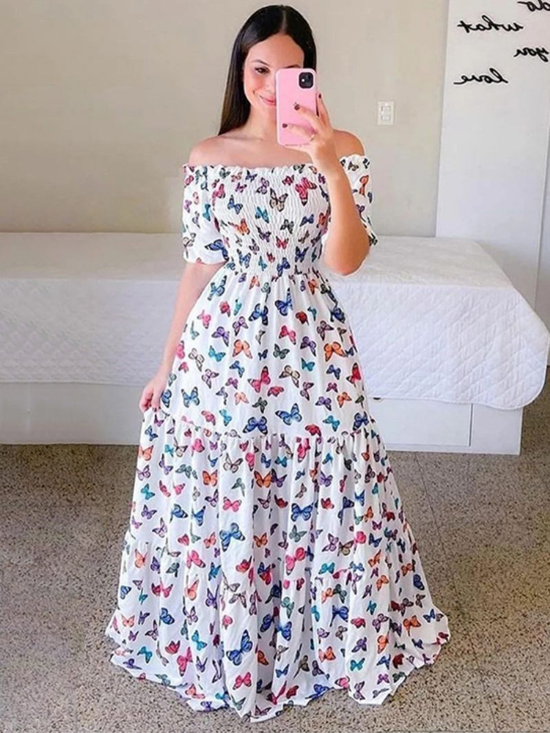 Robe Smockée Florale Pour Femmes Épaules Dénudées Robes D'été Décontractées À Plusieurs Niveaux - Blanc