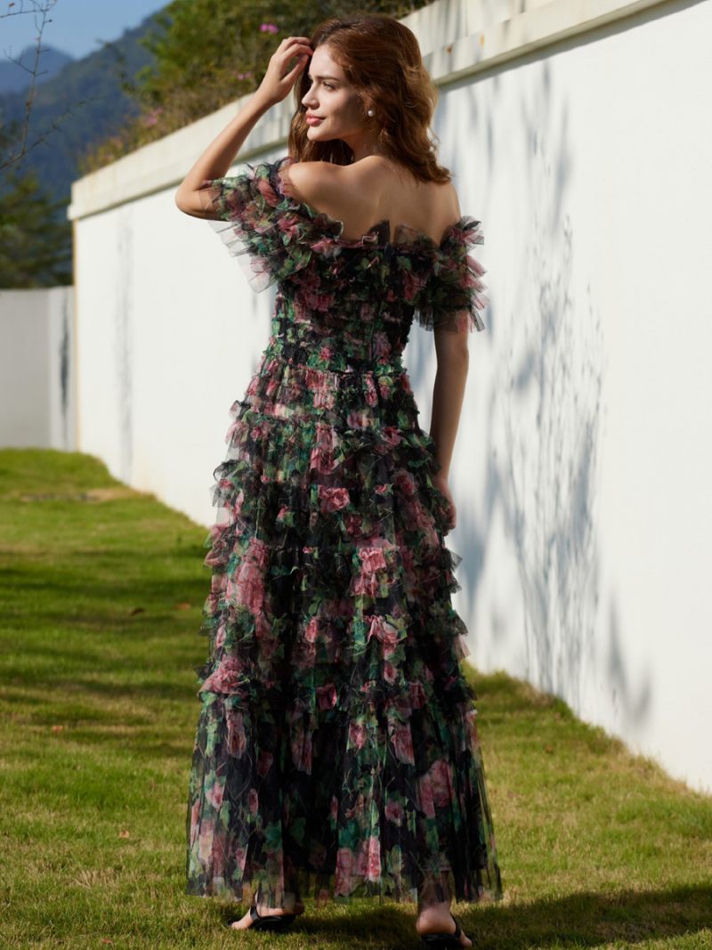 Robe À Volants Pour Femmes Imprimé Floral Tulle Robes D'été Décontractées Quotidiennes - Noir