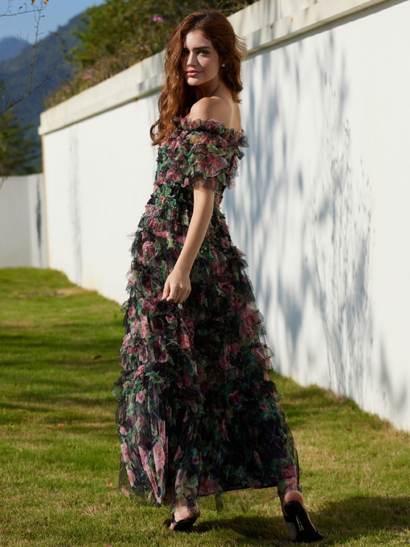 Robe À Volants Pour Femmes Imprimé Floral Tulle Robes D'été Décontractées Quotidiennes - Noir