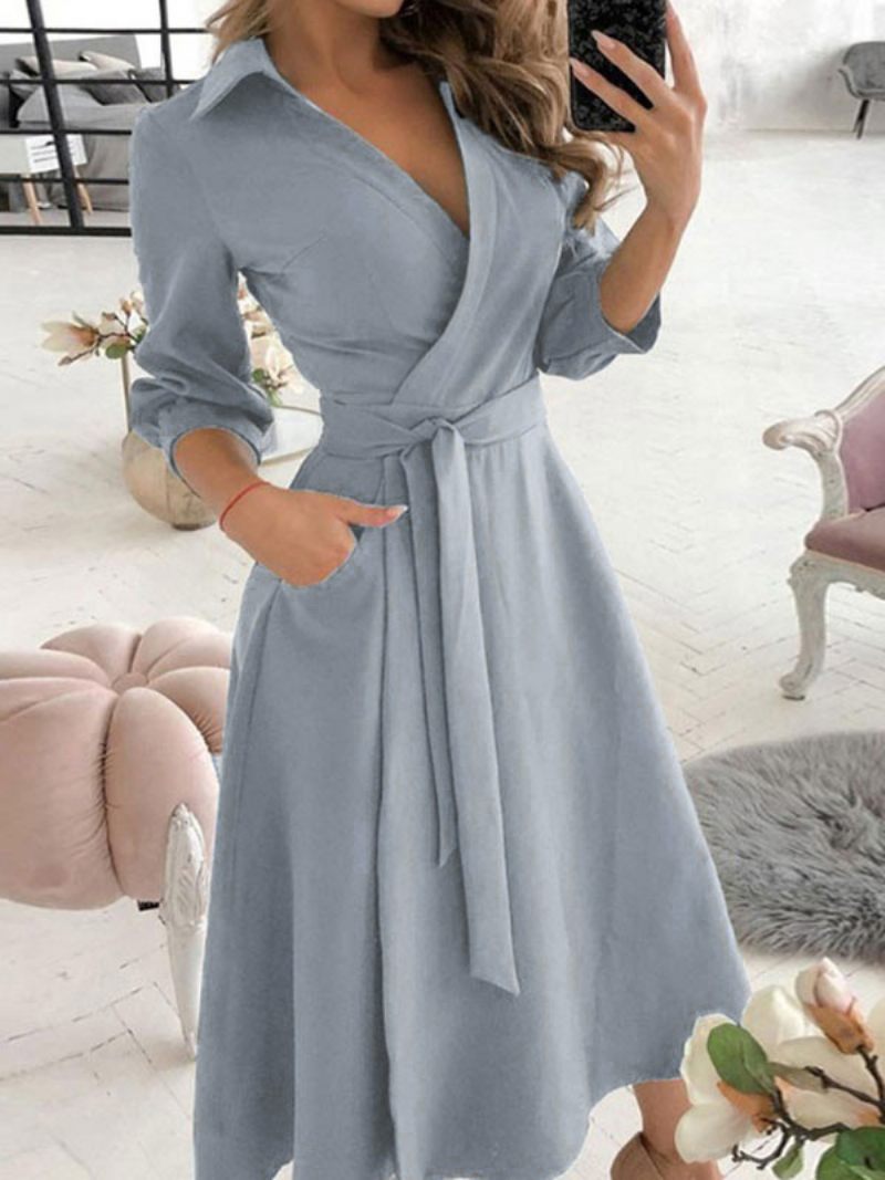 Robes Longues Pour Femmes Manches Imprimé Animal Rouge Col V Lacets Robe Longue Superposée - Bleu Ciel Clair