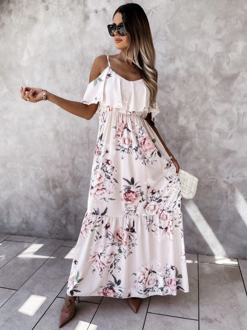 Robes Maxi Pour Femmes Manches Courtes Imprimé Floral Rose Clair Bretelles Col Plissé Robe Longue Extensible