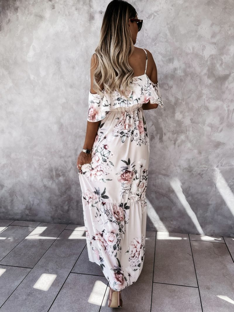 Robes Maxi Pour Femmes Manches Courtes Imprimé Floral Rose Clair Bretelles Col Plissé Robe Longue Extensible - Jaune Clair