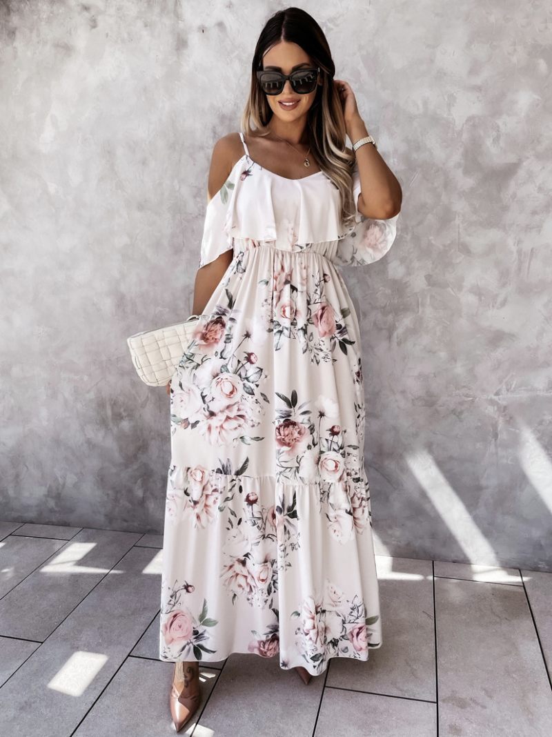 Robes Maxi Pour Femmes Manches Courtes Imprimé Floral Rose Clair Bretelles Col Plissé Robe Longue Extensible - Jaune Clair