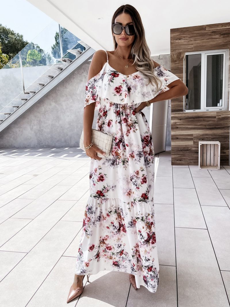 Robes Maxi Pour Femmes Manches Courtes Imprimé Floral Rose Clair Bretelles Col Plissé Robe Longue Extensible - Blanc