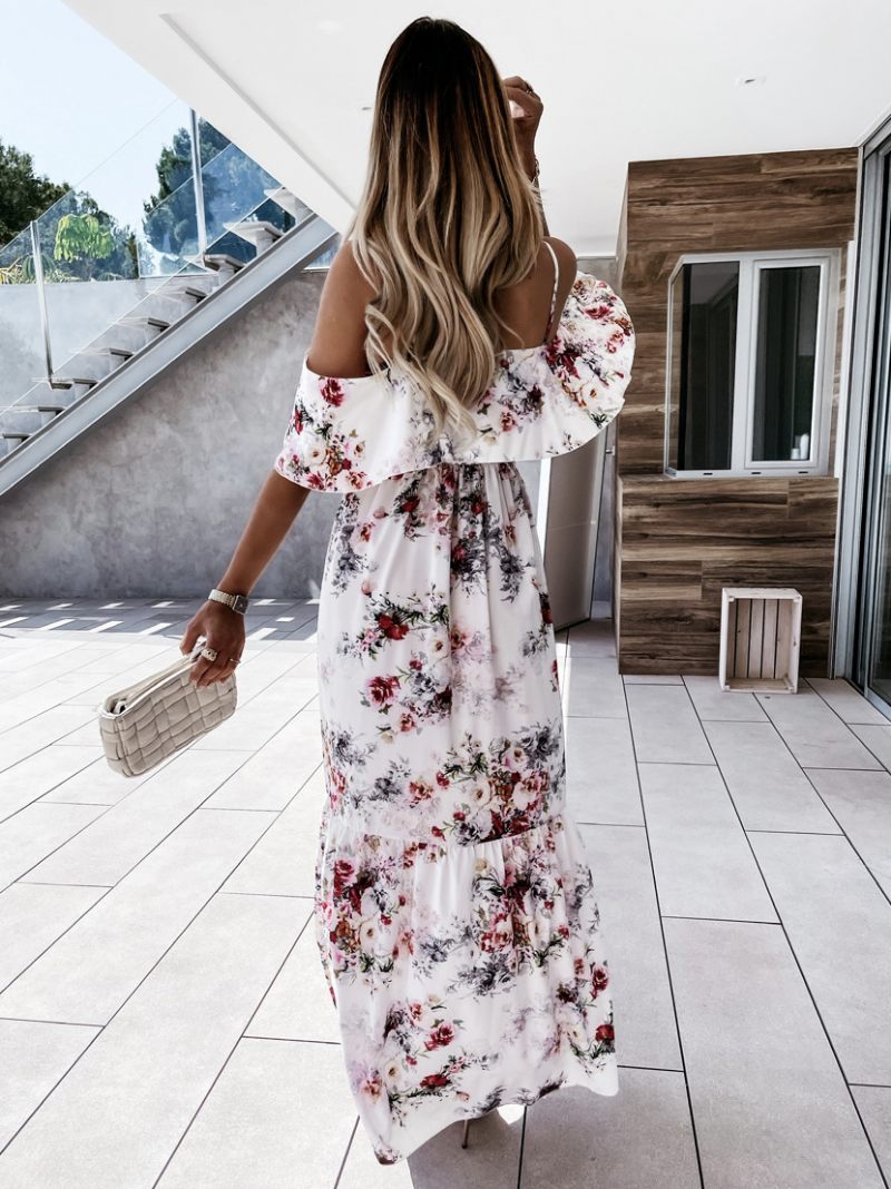 Robes Maxi Pour Femmes Manches Courtes Imprimé Floral Rose Clair Bretelles Col Plissé Robe Longue Extensible - Blanc