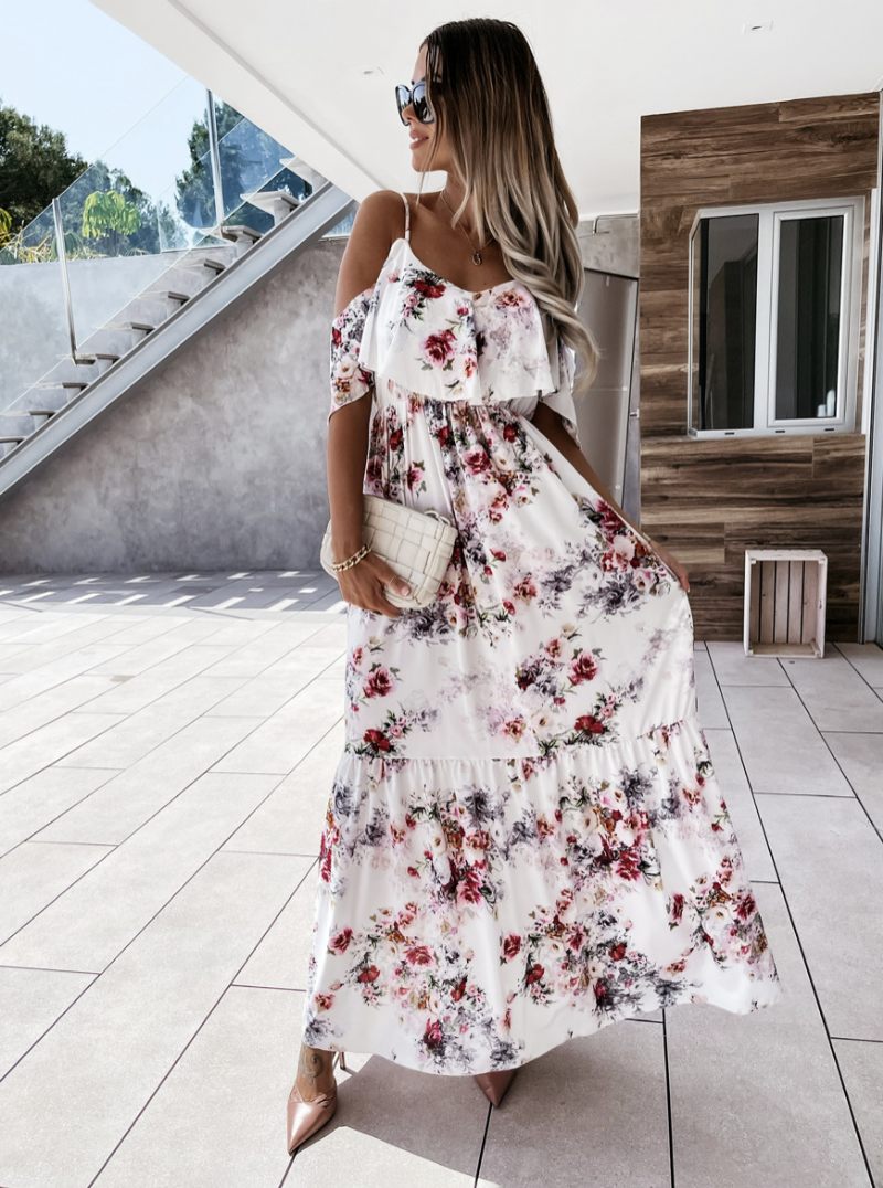 Robes Maxi Pour Femmes Manches Courtes Imprimé Floral Rose Clair Bretelles Col Plissé Robe Longue Extensible - Blanc