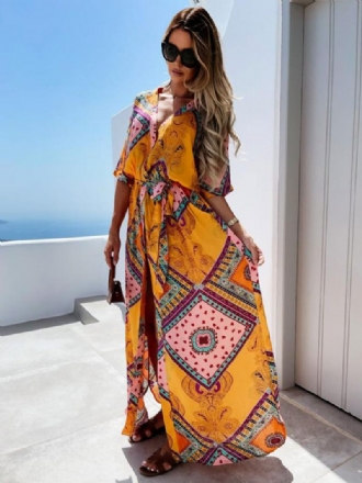 Robes Maxi Pour Femmes Manches Courtes Motif Imprimé Orange Col V Longueur Au Sol Robe D'été