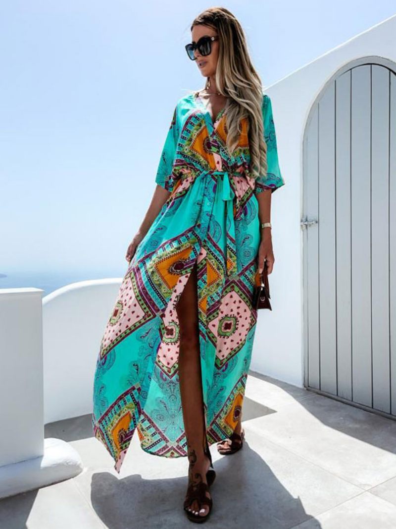 Robes Maxi Pour Femmes Manches Courtes Motif Imprimé Orange Col V Longueur Au Sol Robe D'été - Vert