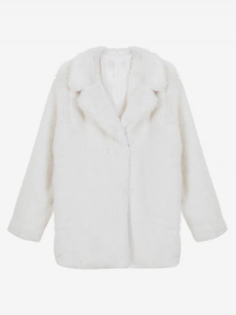 Manteau Blanc Surdimensionné Fausse Fourrure Pour Femmes Revers Cranté Manches Longues Vêtements D'extérieur - Blanc