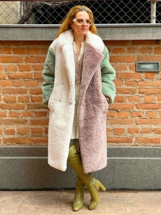 Manteau Bloc Couleurs Pour Femmes Revers Cranté Bouton Avant Vêtements D'extérieur Fausse Fourrure