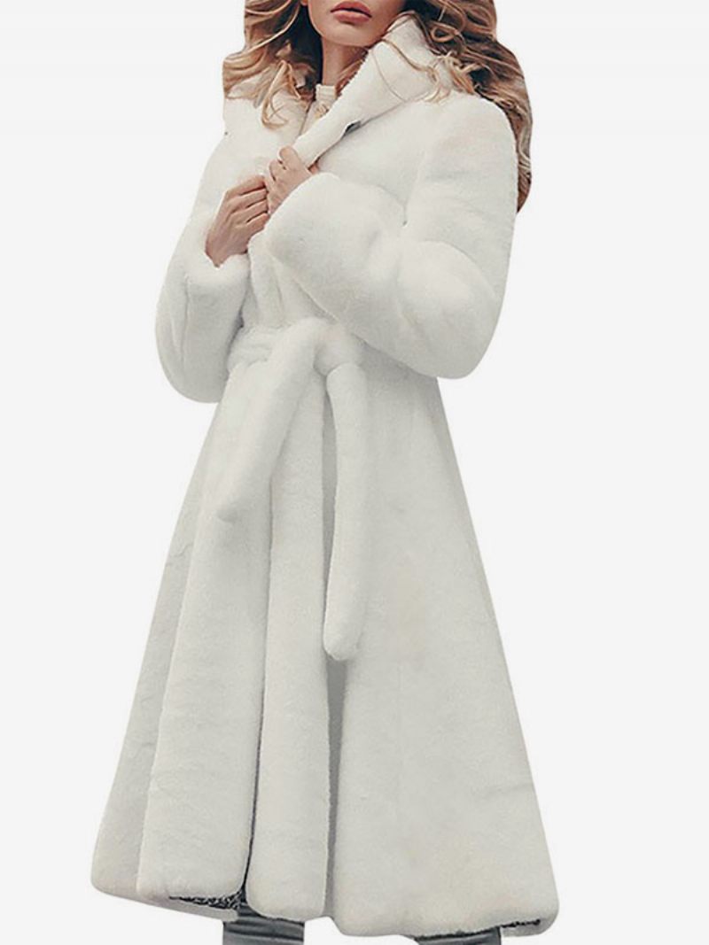 Manteau À Capuche Fausse Fourrure Avec Ceinture Vêtements D'extérieur D'hiver Pour Femmes 2024 - Beige