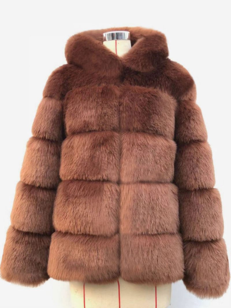 Manteau À Capuche Fausse Fourrure Pour Femme Vêtement D'extérieur Court D'hiver 2024 - Marron Café