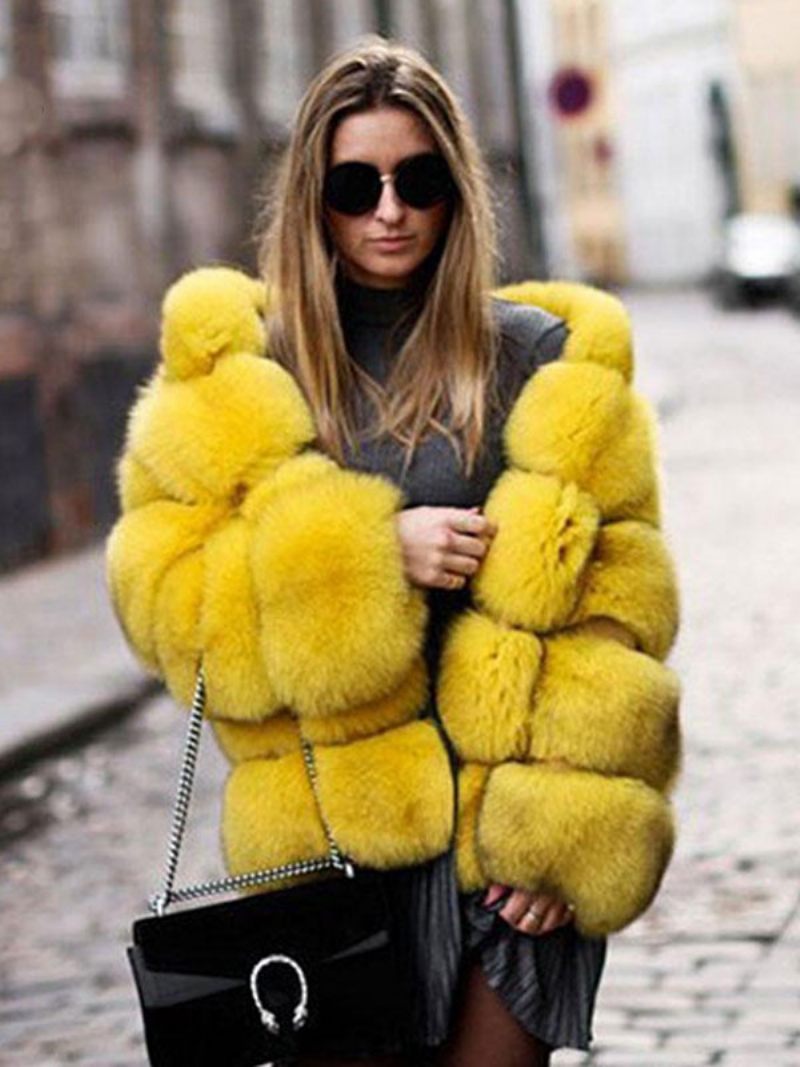 Manteau Fausse Fourrure À Capuche Chaud Hiver 2024. Vêtements D'extérieur Courts Peluche Pour Femmes - Jaune