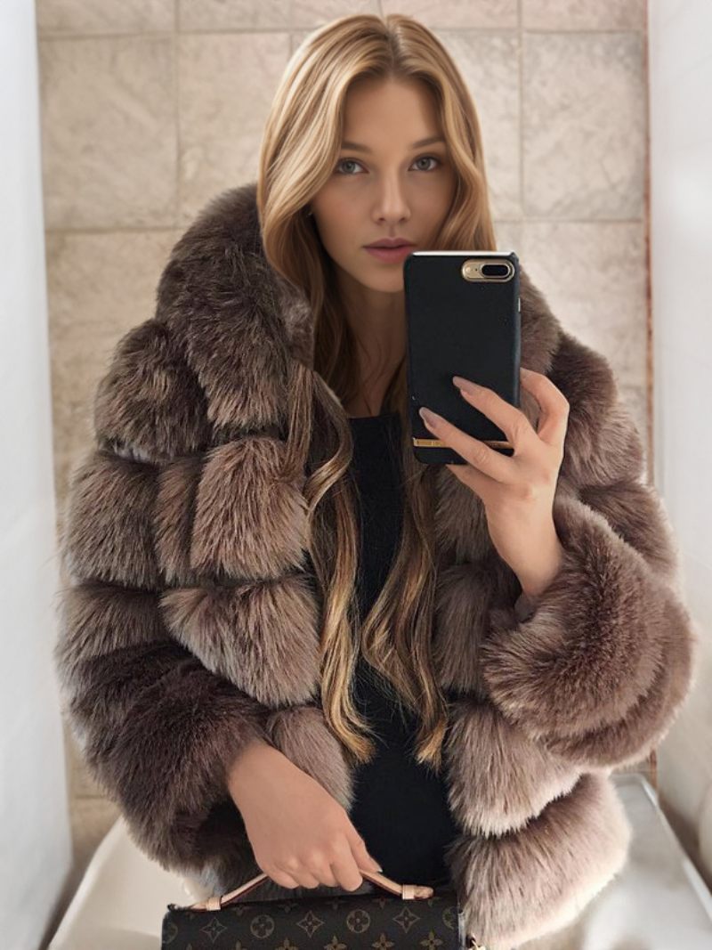 Manteau Fausse Fourrure À Capuche Chaud Hiver 2024. Vêtements D'extérieur Courts Peluche Pour Femmes - Marron Café