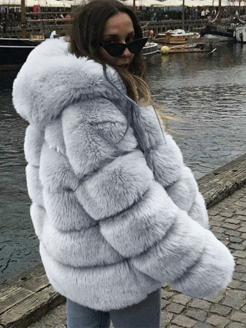 Manteau Fausse Fourrure À Capuche Chaud Hiver 2024. Vêtements D'extérieur Courts Peluche Pour Femmes - Gris