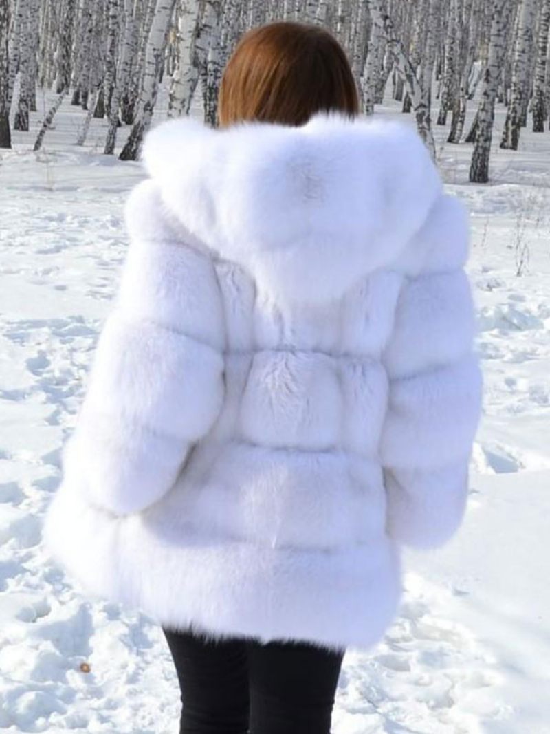 Manteau Fausse Fourrure À Capuche Chaud Hiver 2024. Vêtements D'extérieur Courts Peluche Pour Femmes - Blanc