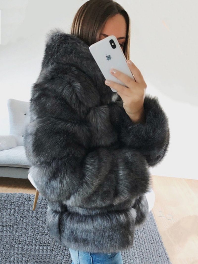 Manteau Fausse Fourrure À Capuche Chaud Hiver 2024. Vêtements D'extérieur Courts Peluche Pour Femmes - Argent