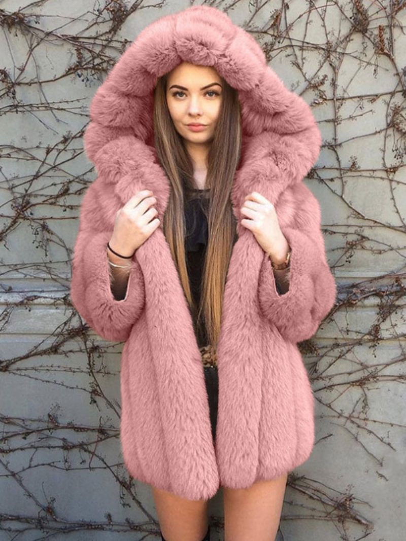 Manteau Fausse Fourrure À Capuche Hiver 2024 Vêtements D'extérieur Midi Pour Femmes - Rose