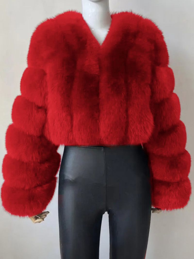 Manteau Fausse Fourrure Col V Manches Longues Vêtements D'extérieur D'hiver Pour Femmes - Rouge