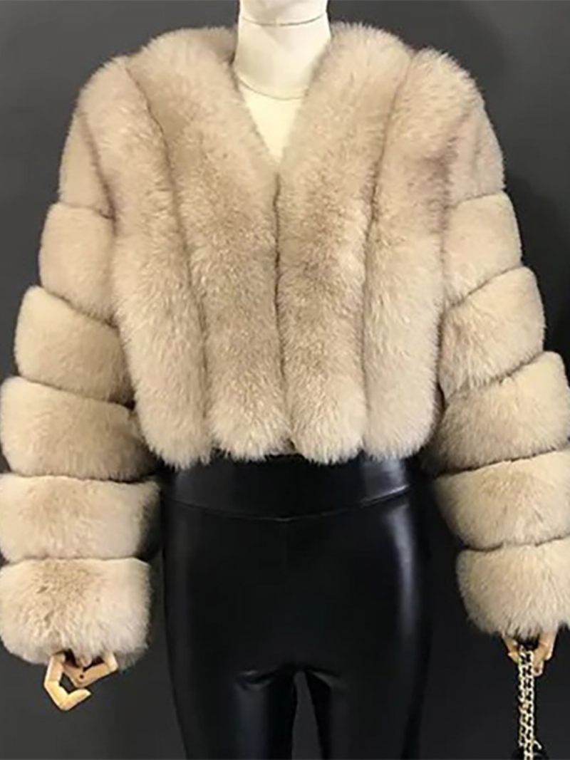 Manteau Fausse Fourrure Col V Manches Longues Vêtements D'extérieur D'hiver Pour Femmes - Beige