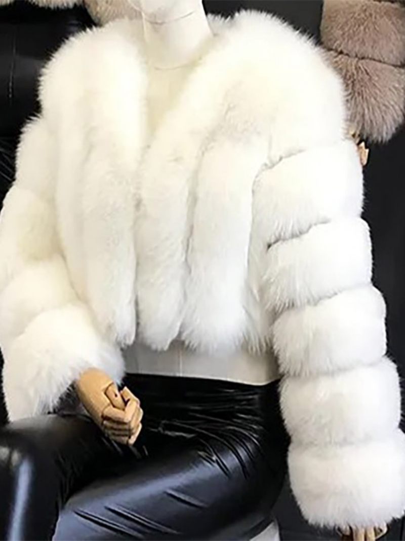 Manteau Fausse Fourrure Col V Manches Longues Vêtements D'extérieur D'hiver Pour Femmes - Blanc