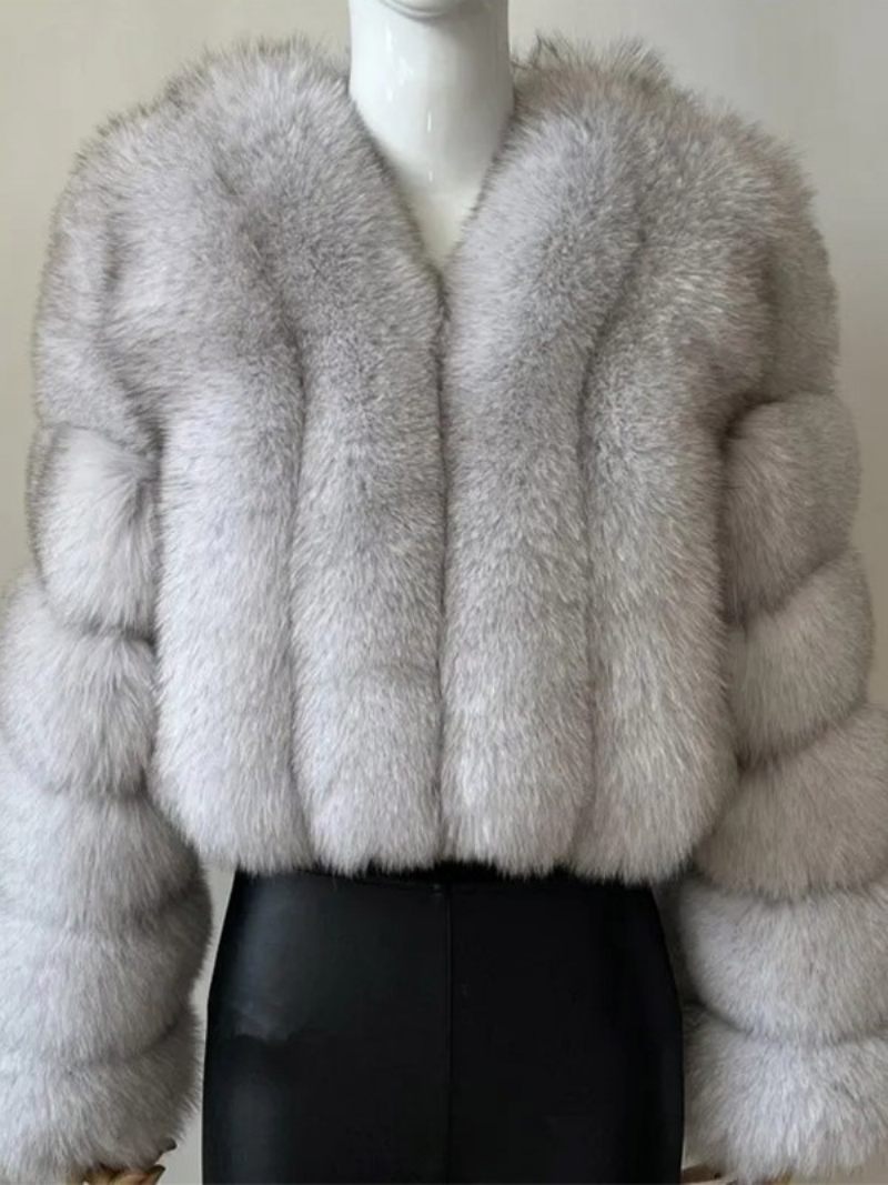 Manteau Fausse Fourrure Col V Manches Longues Vêtements D'extérieur D'hiver Pour Femmes - Argent