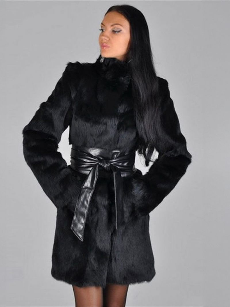 Manteau Fausse Fourrure Femme Noir À Manches Longues Pardessus D'hiver Ceinture Exclue - Noir