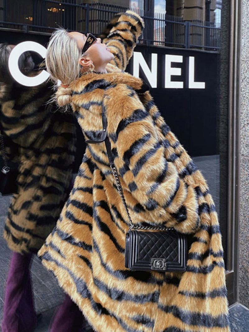 Manteau Fausse Fourrure Imprimé Tigre Vêtements D'extérieur Mi-longs D'hiver Pour Femmes 2024 - Café Brun