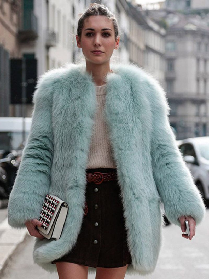 Manteau Fausse Fourrure À Manches Longues Ouvert Sur Le Devant Vêtements Sortie D'hiver Pour Femmes - Bleu Ciel Clair