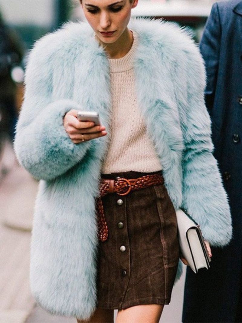 Manteau Fausse Fourrure À Manches Longues Ouvert Sur Le Devant Vêtements Sortie D'hiver Pour Femmes - Bleu Ciel Clair