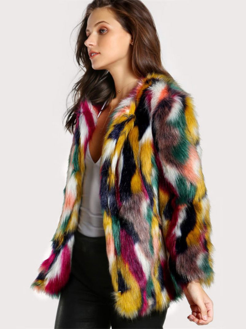 Manteau Fausse Fourrure Peluche Bloc Couleur Vêtements D'extérieur D'hiver Pour Femmes - Jaune