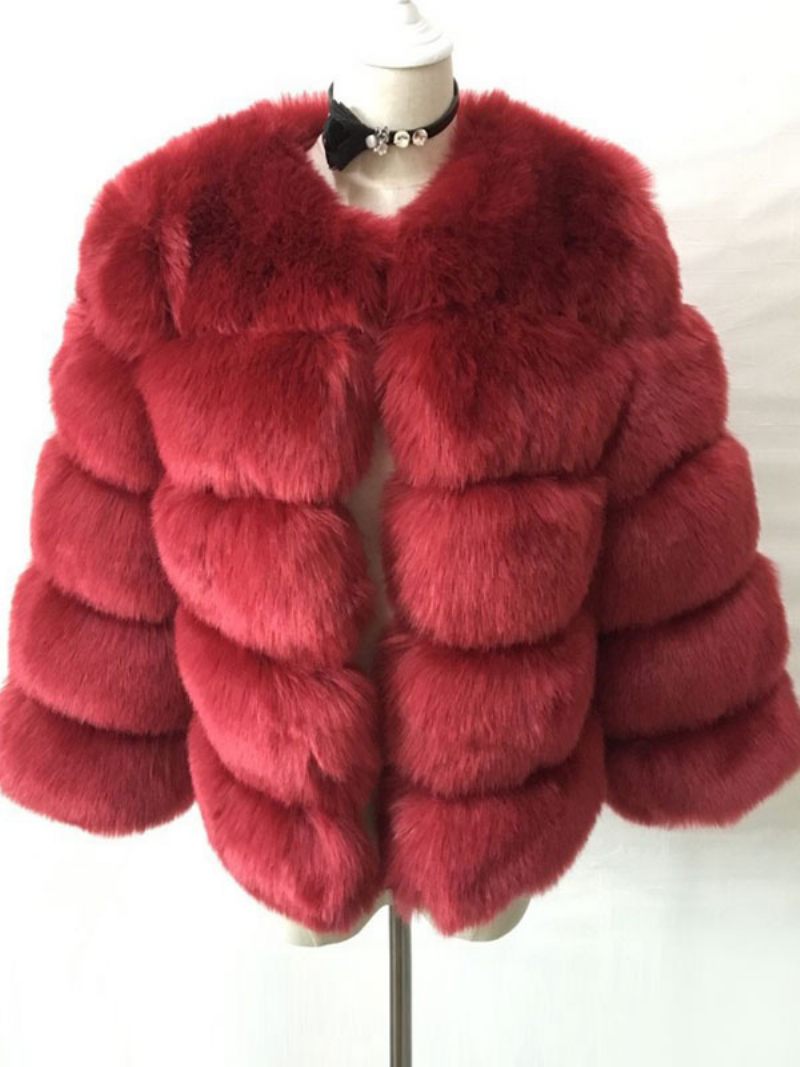 Manteau Fausse Fourrure Peluche Vêtements D'extérieur Courts D'hiver Pour Femmes - Bourgogne