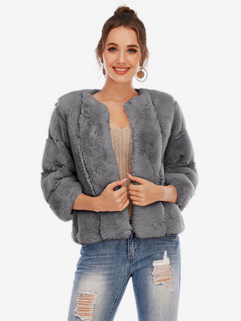 Manteau Fausse Fourrure Peluche Vêtements D'extérieur Courts D'hiver Pour Femmes - Gris Foncé