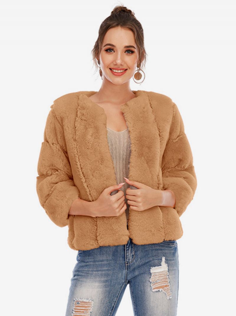 Manteau Fausse Fourrure Peluche Vêtements D'extérieur Courts D'hiver Pour Femmes - Marron Café